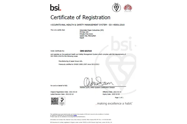 Interstate Paper Industries made the transition from OHSAS 18001:2007 to ISO 45001:2018